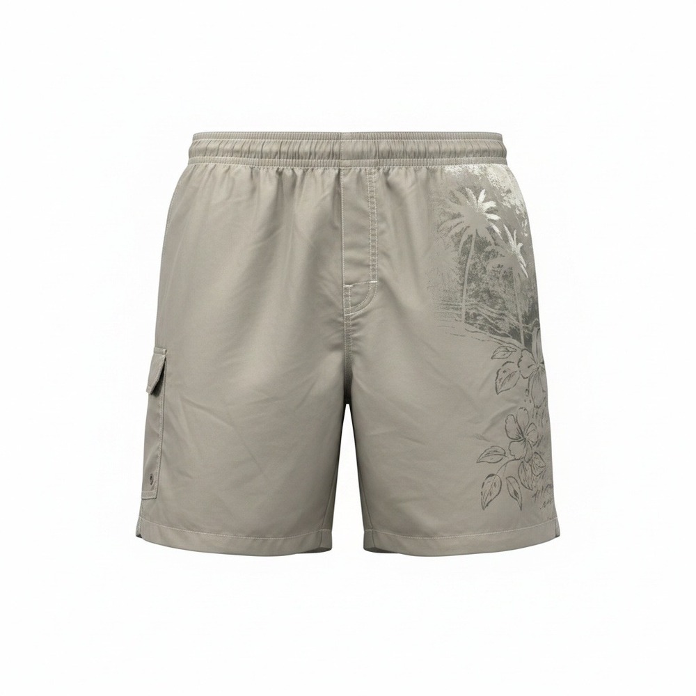 Caribbean Joe Mens XL Tan Tropical Floral Swim Trunks Cargo Board Shorts